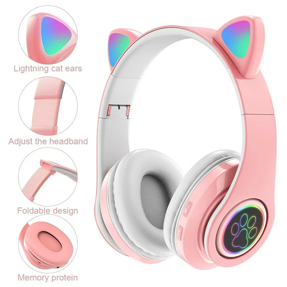 Cute Cat Ear Bluetooth Headphones with RGB LED Lights