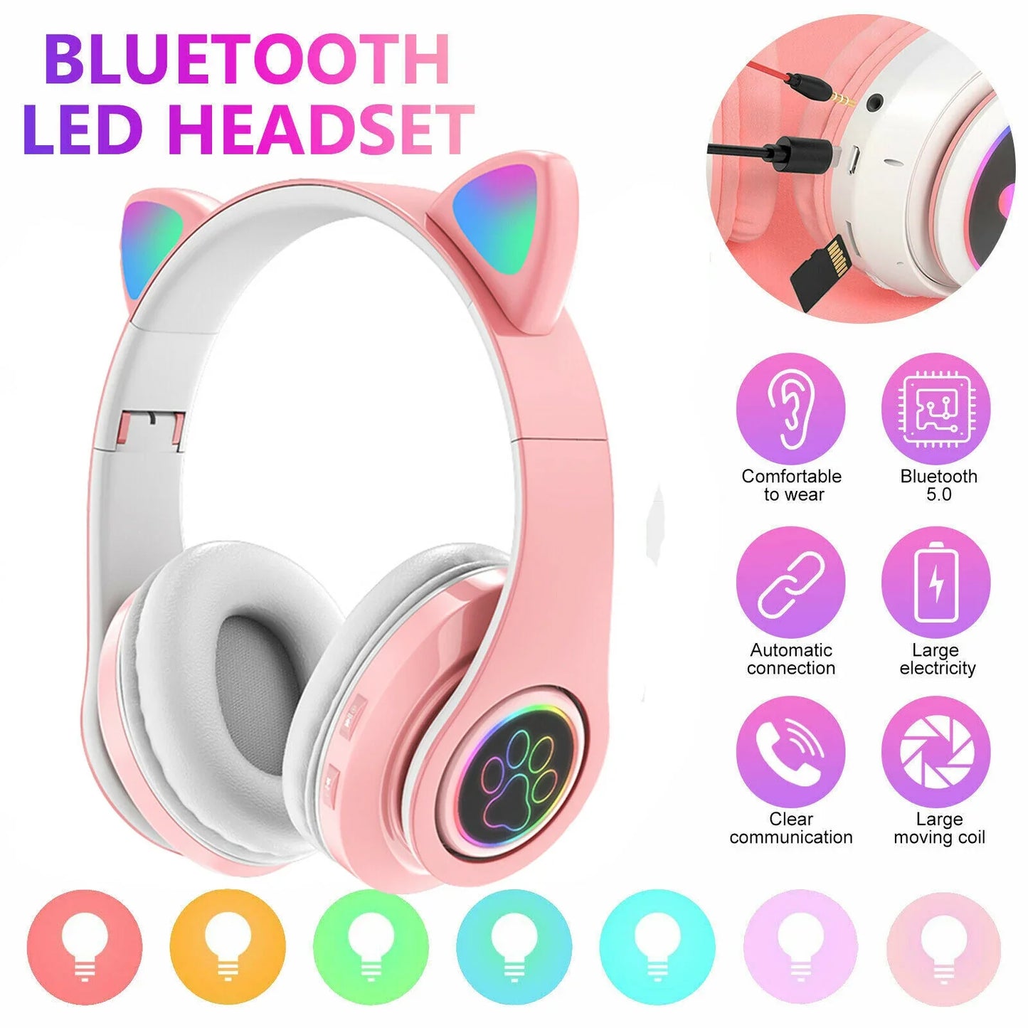 Cute Cat Ear Bluetooth Headphones with RGB LED Lights