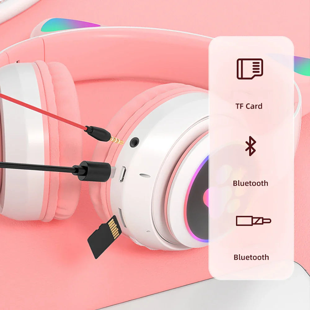 Cute Cat Ear Bluetooth Headphones with RGB LED Lights