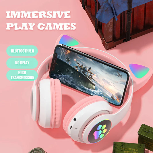 Cute Cat Ear Bluetooth Headphones with RGB LED Lights