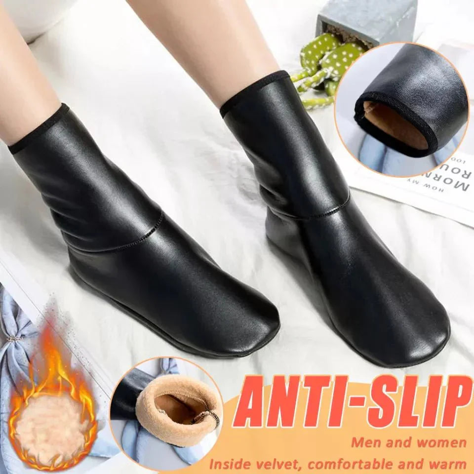 2 Pairs Winter Warm PU Leather Thermal Non - Slip Indoor Soft Floor Socks
