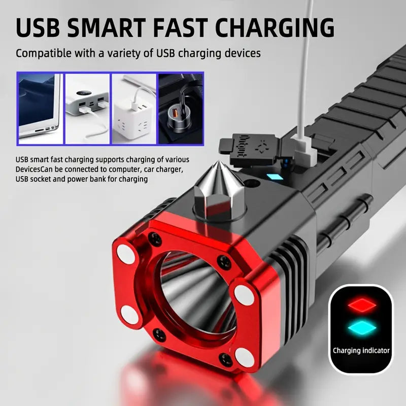 Omni Cop Flashlight, Super Bright LED Flashlight With Safety Hammer, Portable Work Light, Outdoor Adventure Lighting, Long Distance Beam Rescue Flashlight, Multifunctional 4 Modes Flashlight, Torch with Hammer Window Glass and Seat Belt Cutter
