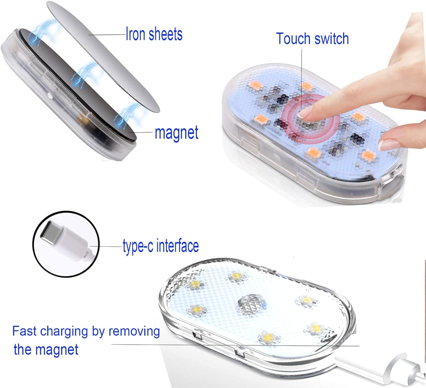 LED Car Interior Lighting, Finger Touch Sensor Reading Lamp, ,7 Colors LED Interior Car Lights, Wireless Magnetic Welcome Cars Lamp, Auto Roof Ceiling Reading Lamp, LED Car Styling Night Light Mini USB Charging Car Light