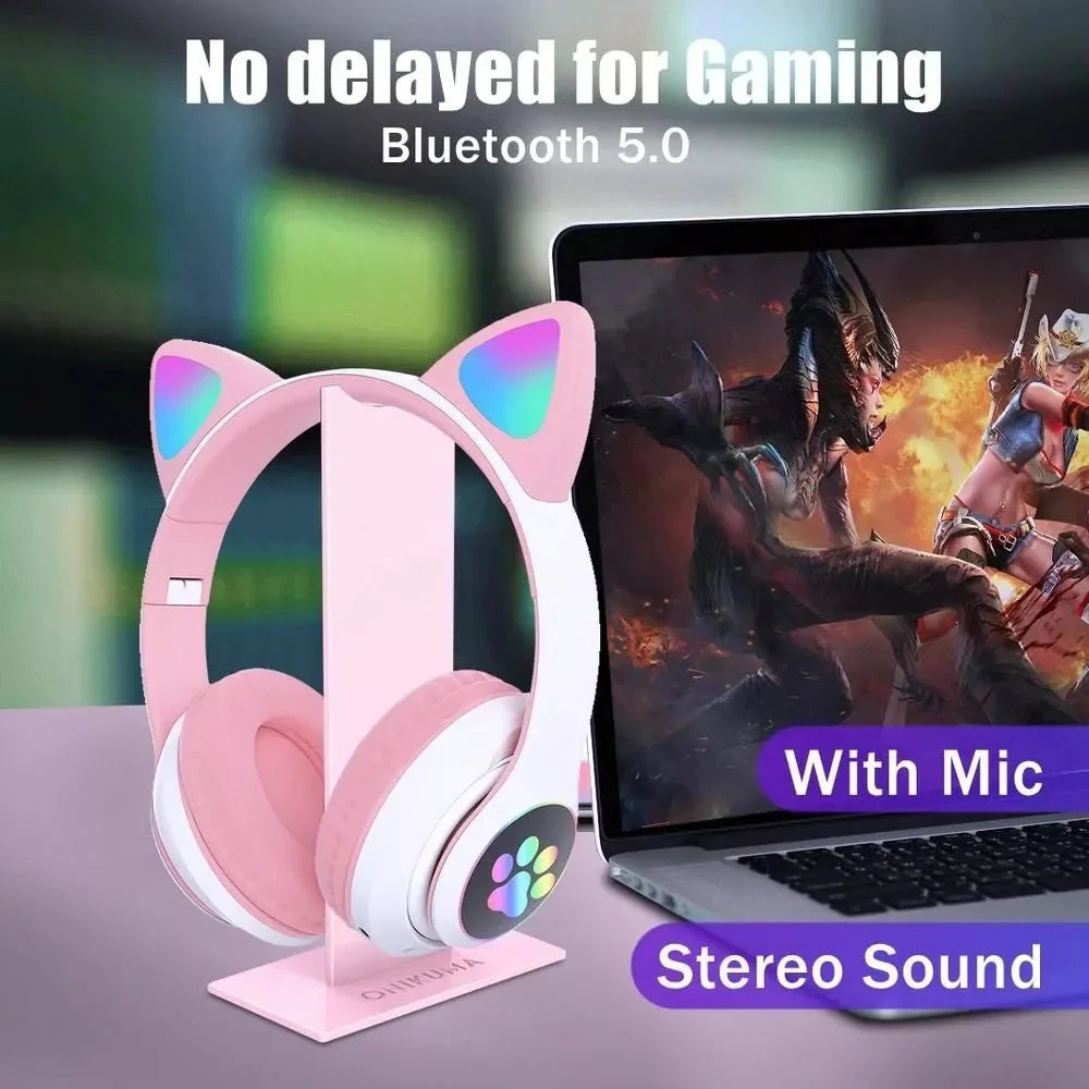 Cute Cat Ear Bluetooth Headphones with RGB LED Lights